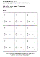 Simplify Improper Fractions Worksheet - Free printable PDF maths worksheets from Mental Arithmetic