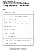 Sorting Temperatures Cold to Warm Worksheet - Free printable PDF maths worksheets from Mental Arithmetic