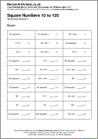 Square Numbers 10 to 120 Worksheet - Free printable PDF maths worksheets from Mental Arithmetic