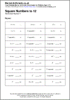 Square Numbers to 12 Worksheet - Free printable PDF maths worksheets from Mental Arithmetic