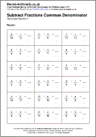 Subtract Fractions Common Denominator Worksheet - Free printable PDF maths worksheets from Mental Arithmetic
