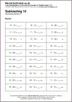 Subtracting 10 Worksheet - Free printable PDF maths worksheets from Mental Arithmetic