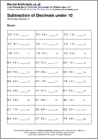 Subtraction of Decimals under 10 Worksheet - Free printable PDF maths worksheets from Mental Arithmetic