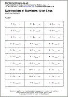 Subtraction of Numbers 10 or Less Worksheet - Free printable PDF maths worksheets from Mental Arithmetic