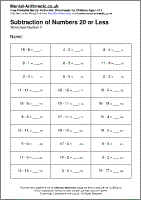 Subtraction of Numbers 20 or Less Worksheet - Free printable PDF maths worksheets from Mental Arithmetic