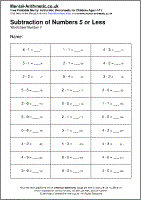 Subtraction of Numbers 5 or Less Worksheet - Free printable PDF maths worksheets from Mental Arithmetic
