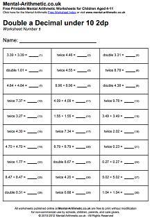 Free Printable Mental Maths Worksheets for Children aged 4-11